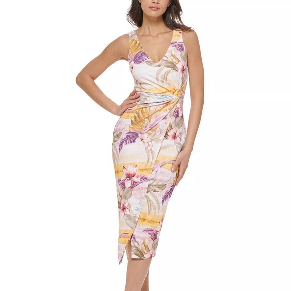 GUESS Printed Knot-Detail Midi Dress White Multi - Picture 1 of 4
